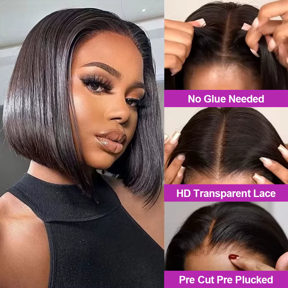 Perruques Bob de cheveux humains brésiliens sans colle HD perruque avant en dentelle sans colle os c