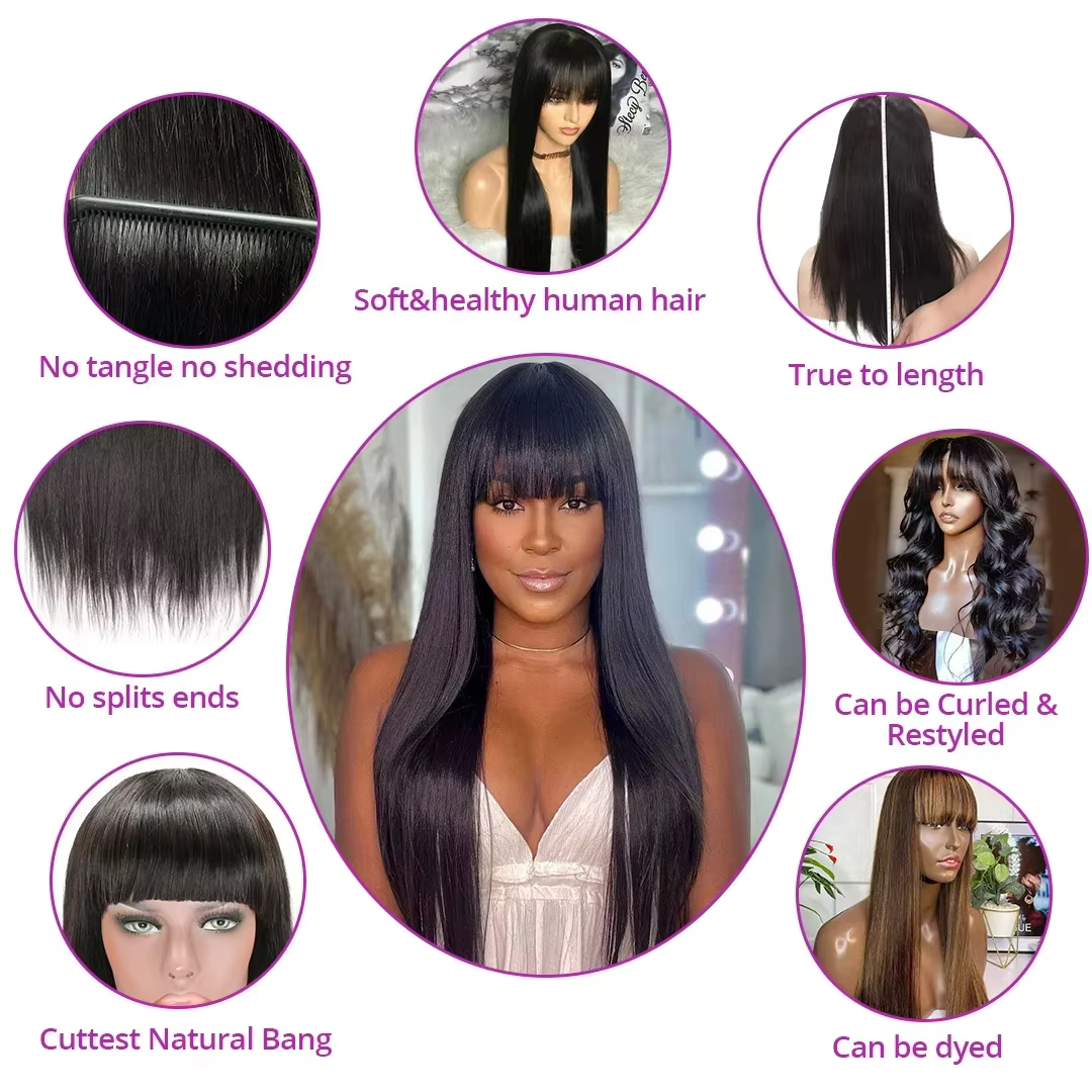 Perruques de cheveux humains droites d'os avec frange pour les femmes noires pleine Machine faite pe