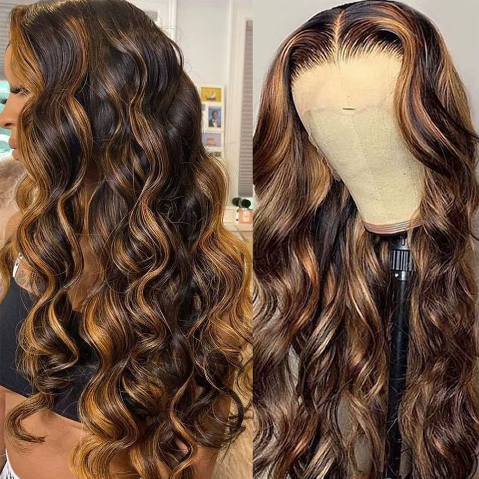 Perruque Body Wave P/427 Blond Miel avec Mèches, Cheveux Humains, Perruques Lace Front 13x4 13x6, Pe