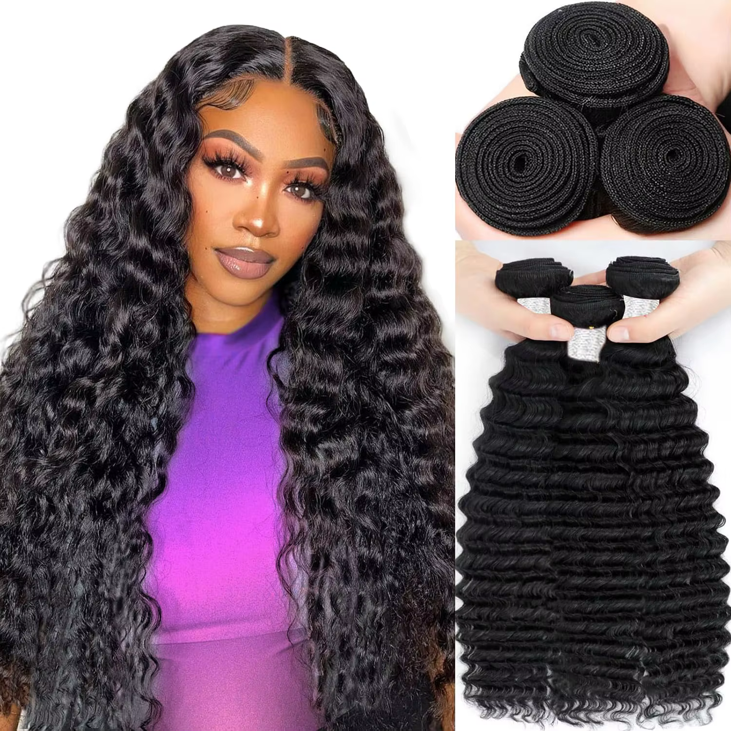 Extensions de cheveux humains vierges non traités, ondulés, double trame, 34-36 pouces, pour tissage