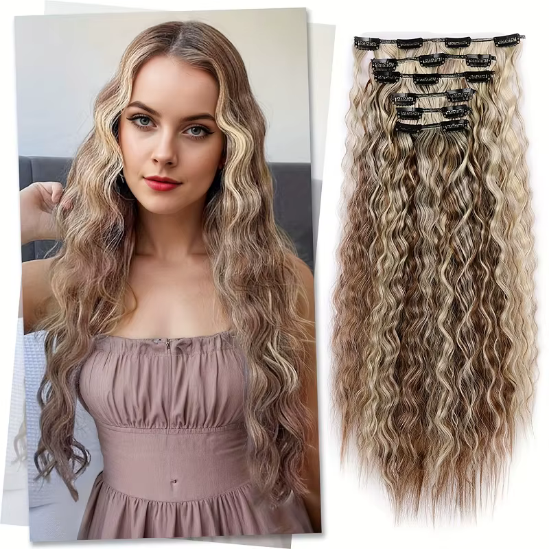 Extensions de cheveux synthétiques longs et bouclés de 22 pouces, 6 pièces/ensemble, à clipser, pour