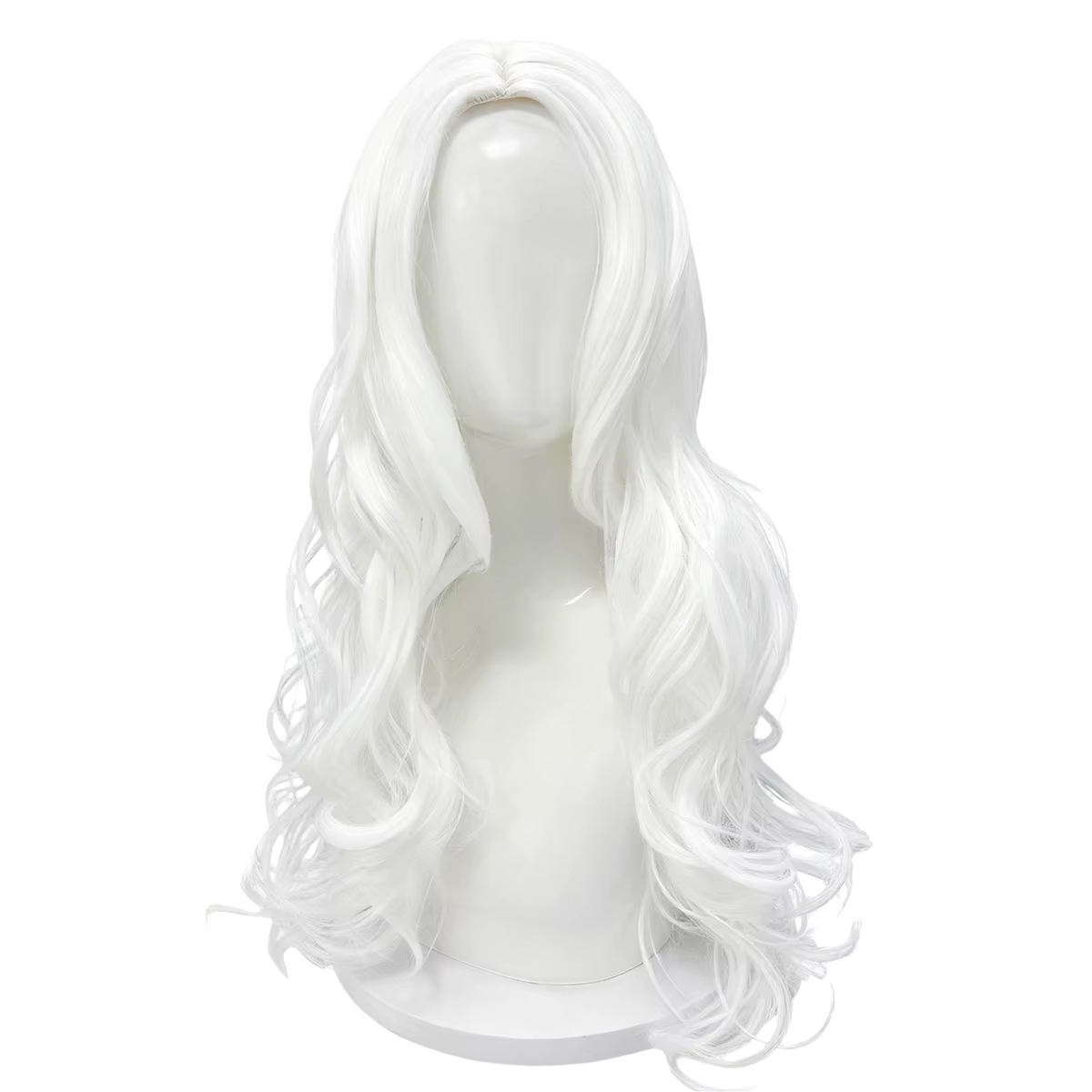 Perruque blanche longue ondulée avec partie centrale – Fiber synthétique d'apparence naturelle pour