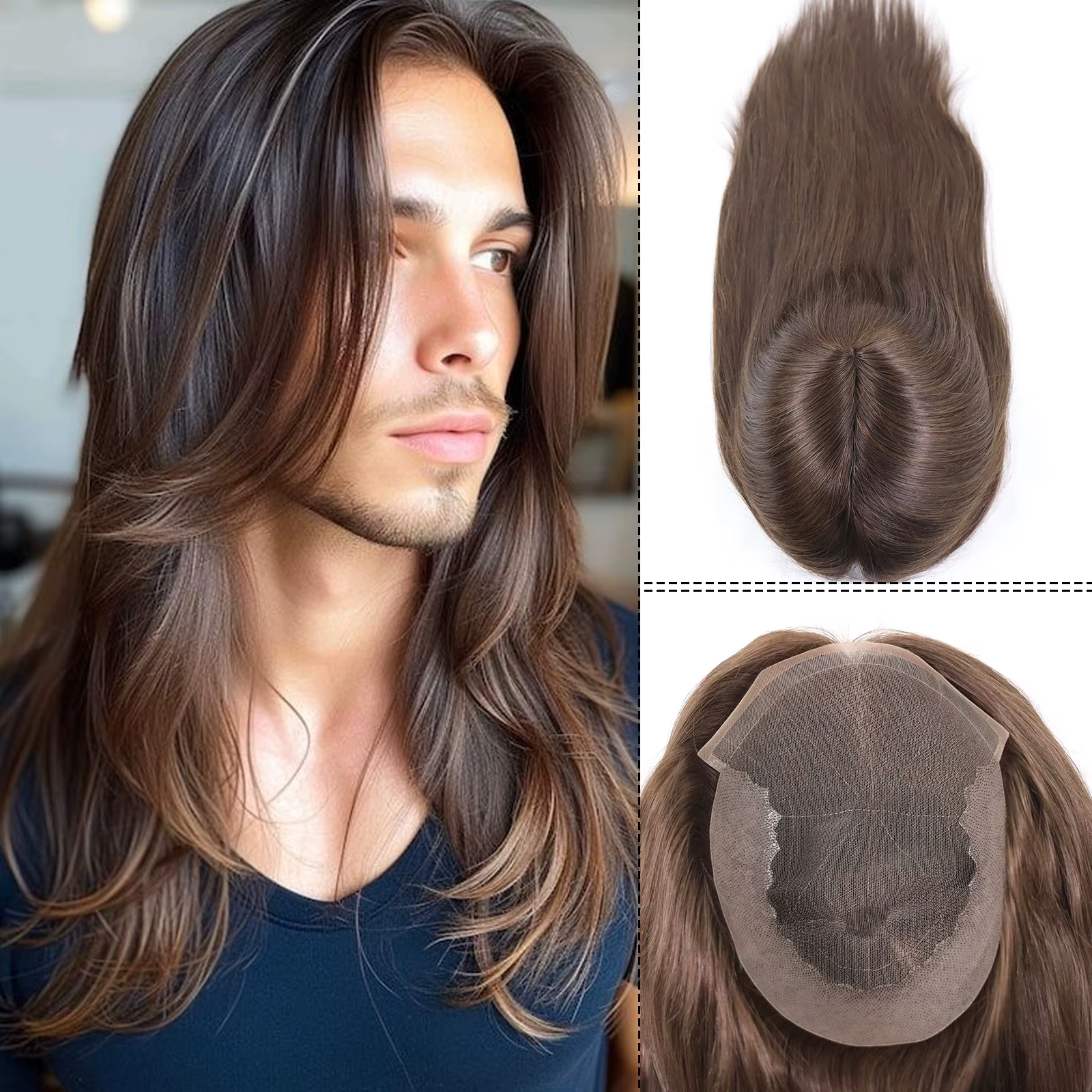 Cheveux humains brun chocolat homme toupet dentelle Pu toupet pour hommes 18 "longue ligne droite ch