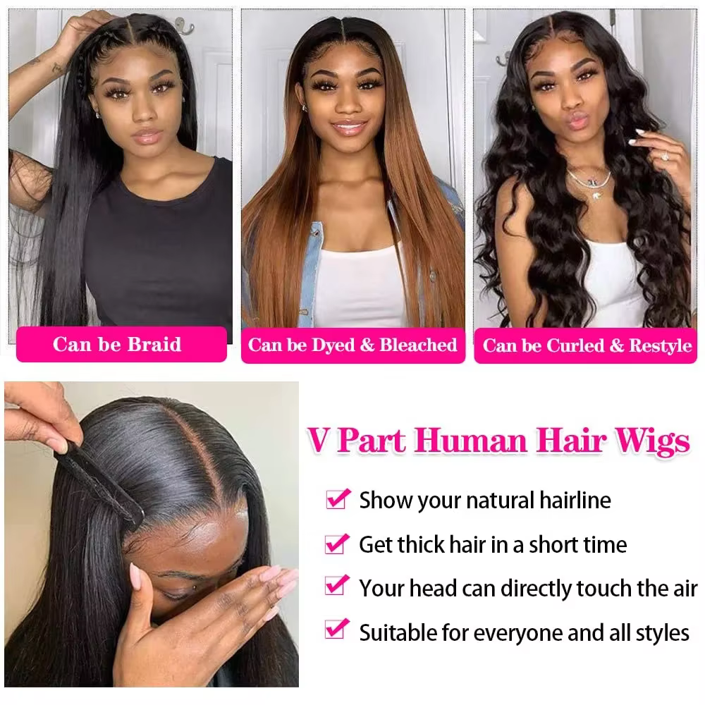 Perruques en cheveux humains lisses couleur naturelle sans colle en forme de V, cheveux Remy brésili