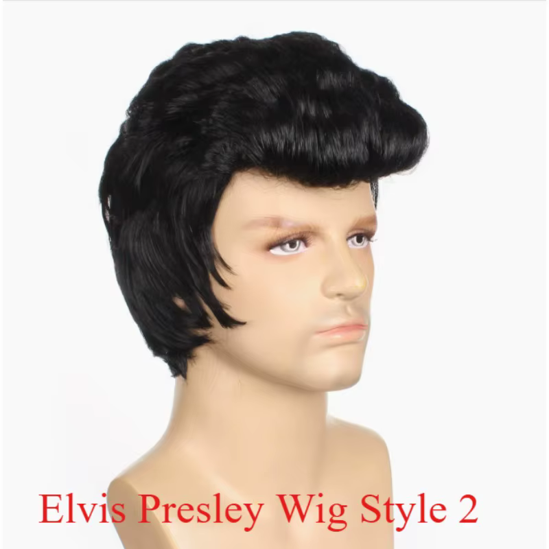 Perruque Elvis Presley pour hommes - Perruque synthétique noire résistante à la chaleur pour costume
