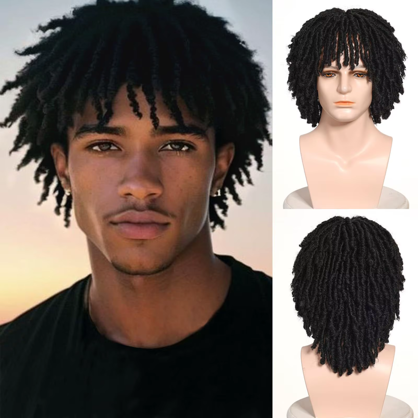 Perruque synthétique bouclée à dreadlocks creuses pour hommes afro-américains, postiche synthétique 