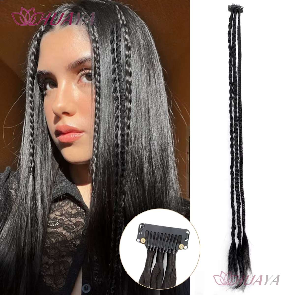 HUAYA-Tresses frontales à clipser avec 3 tresses sur chaque clip, 22 pouces de long, postiches synth