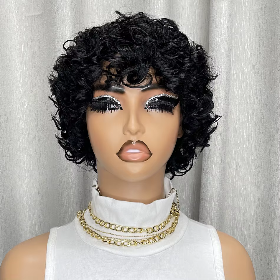Perruque de cheveux humains crépus bouclés, Bob court avec frange pour femmes noires, faite à la Mac