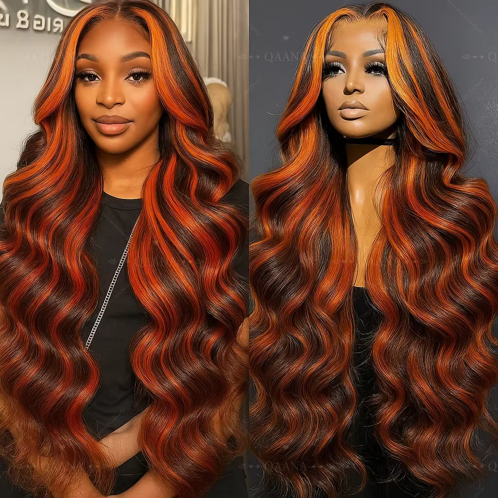 Perruque Lace Front 5x5 sans colle en cheveux humains, ondulée, pré-épilée, avec mèches marron ginge