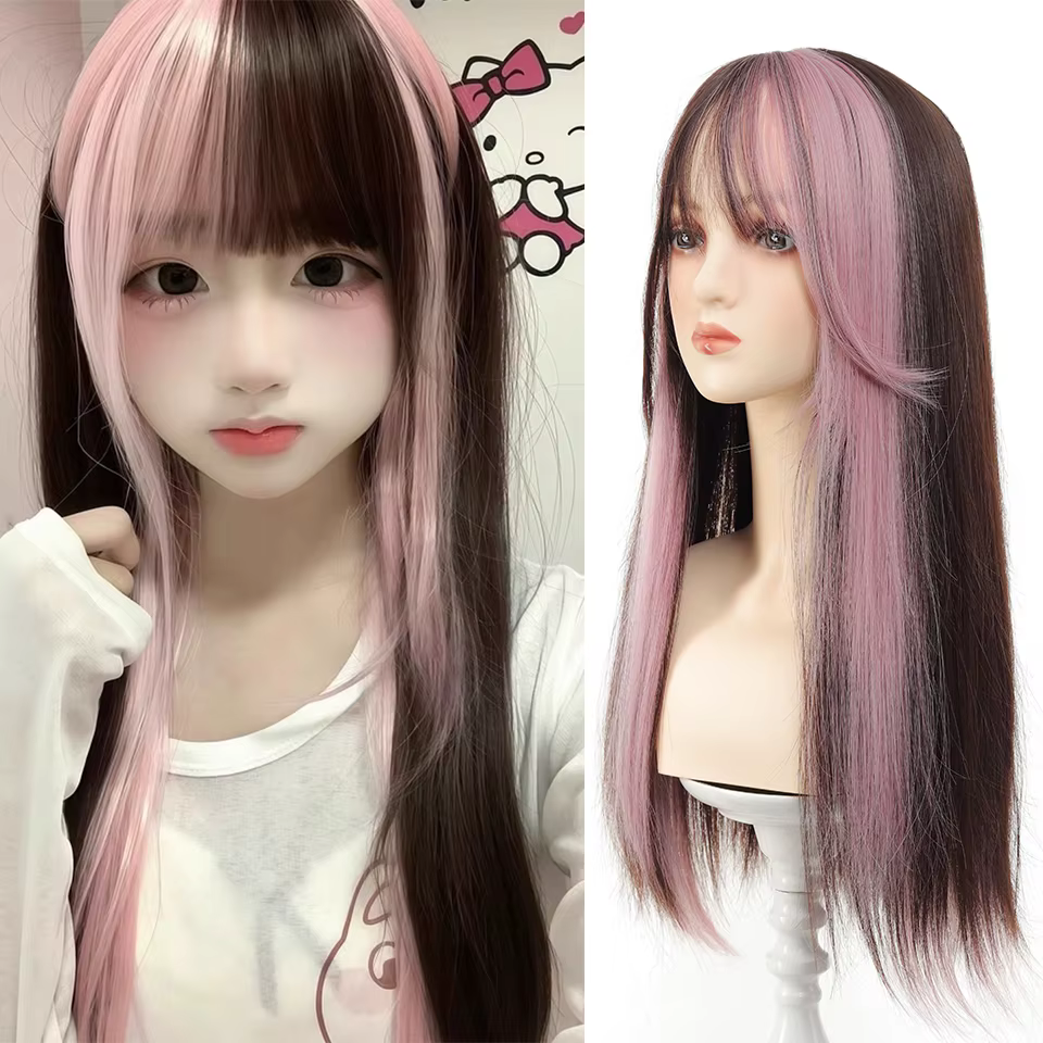 Loiita – perruque synthétique longue et lisse, 24 pouces, noir, rose, Double queue de cheval, Extens