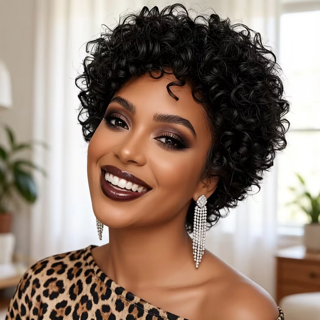 Perruque courte bouclée en cheveux humains pour femmes, perruque bouclée naturelle entièrement fabri