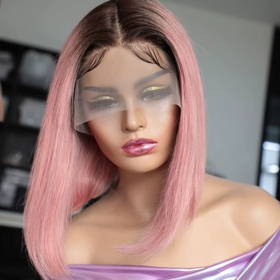 Perruque Bob Lace Front Wig naturelle lisse rose ombré, cheveux courts, Transparent, nœuds décolorés