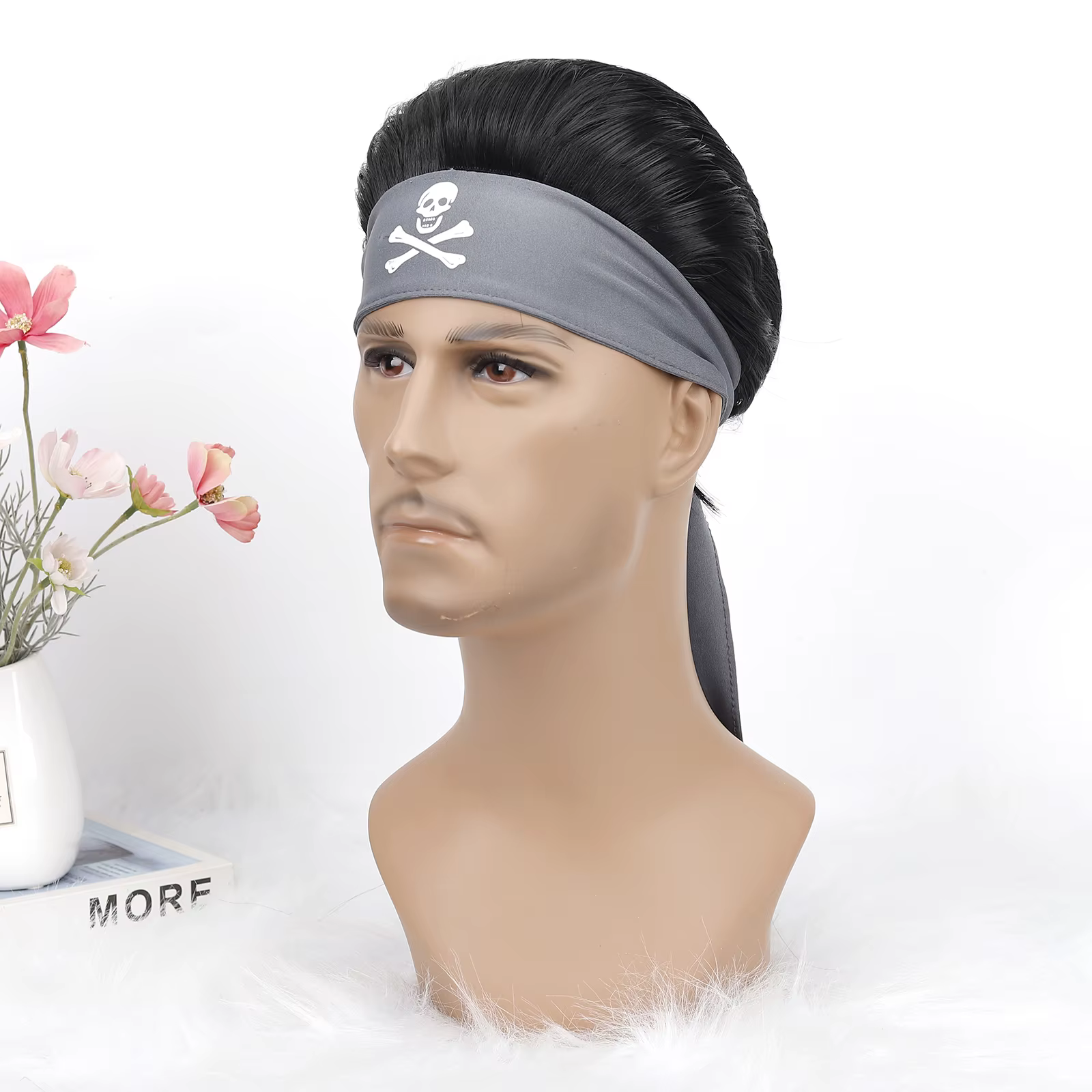 Perruque synthétique de coiffure pirate avec bandana, cheveux noirs courts, aspect naturel pour homm