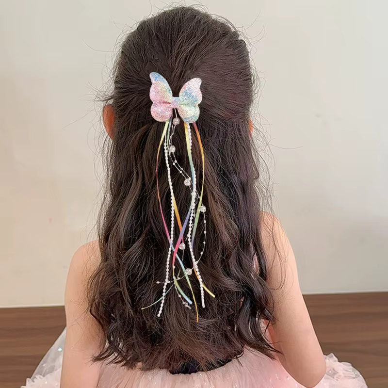 Pince à cheveux à paillettes papillon arc-en-ciel pour enfants, 2 pièces, ruban de perles, pince à c