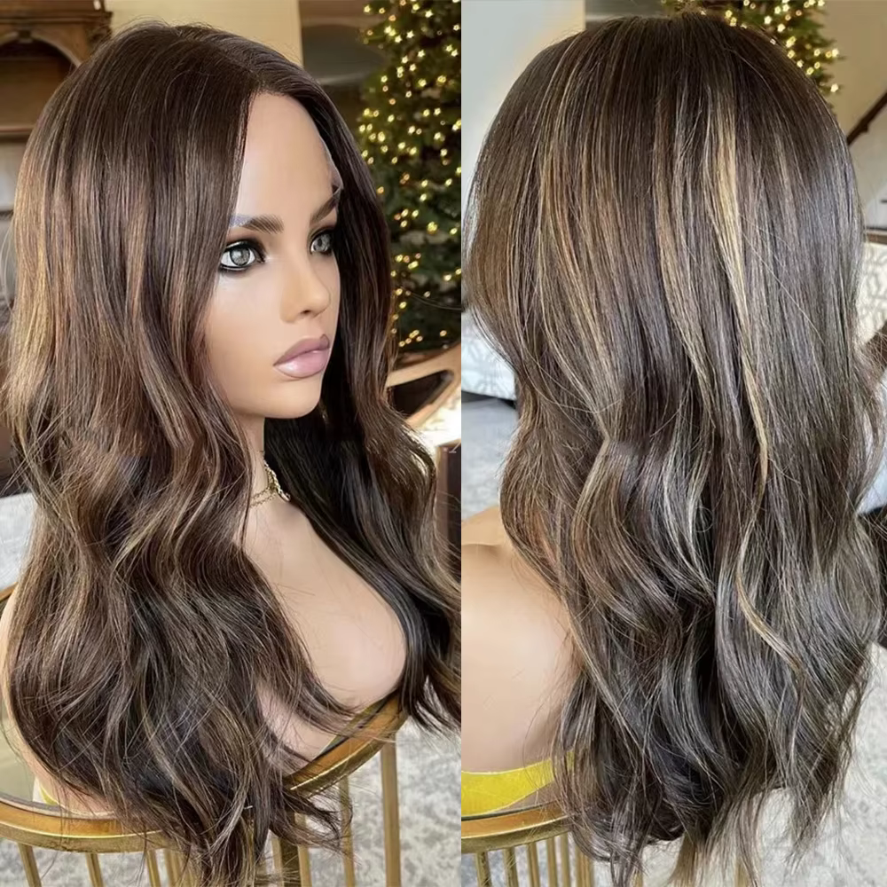 Perruque de couleur brune foncée avec reflets 13x4 Frontal HD mélange de dentelle cheveux humains na