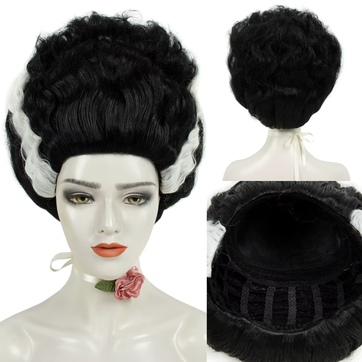 Perruque Afro Noire et Blanche REEWES, Perruque Nuptiale Frankenstein, Cheveux Synthétiques pour Cos