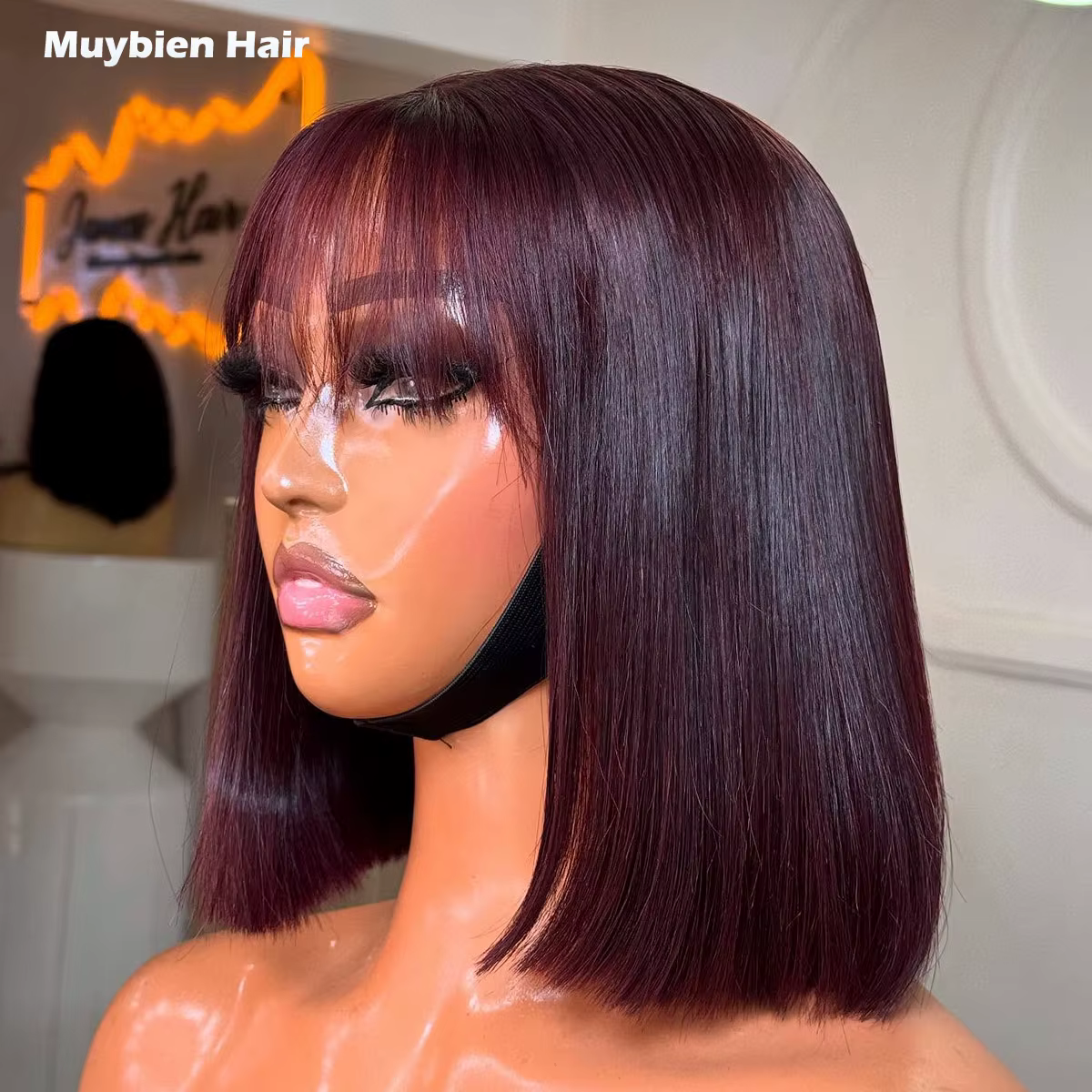 Perruque Lace Front sans colle, prête à porter, avec fermeture 5x5 et frange, Super Double Drawn, ch