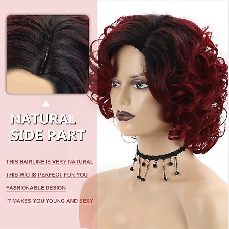 HAIRJOY cheveux synthétiques courts bordeaux bouclés perruques pour femmes Ombre vin rouge perruque 