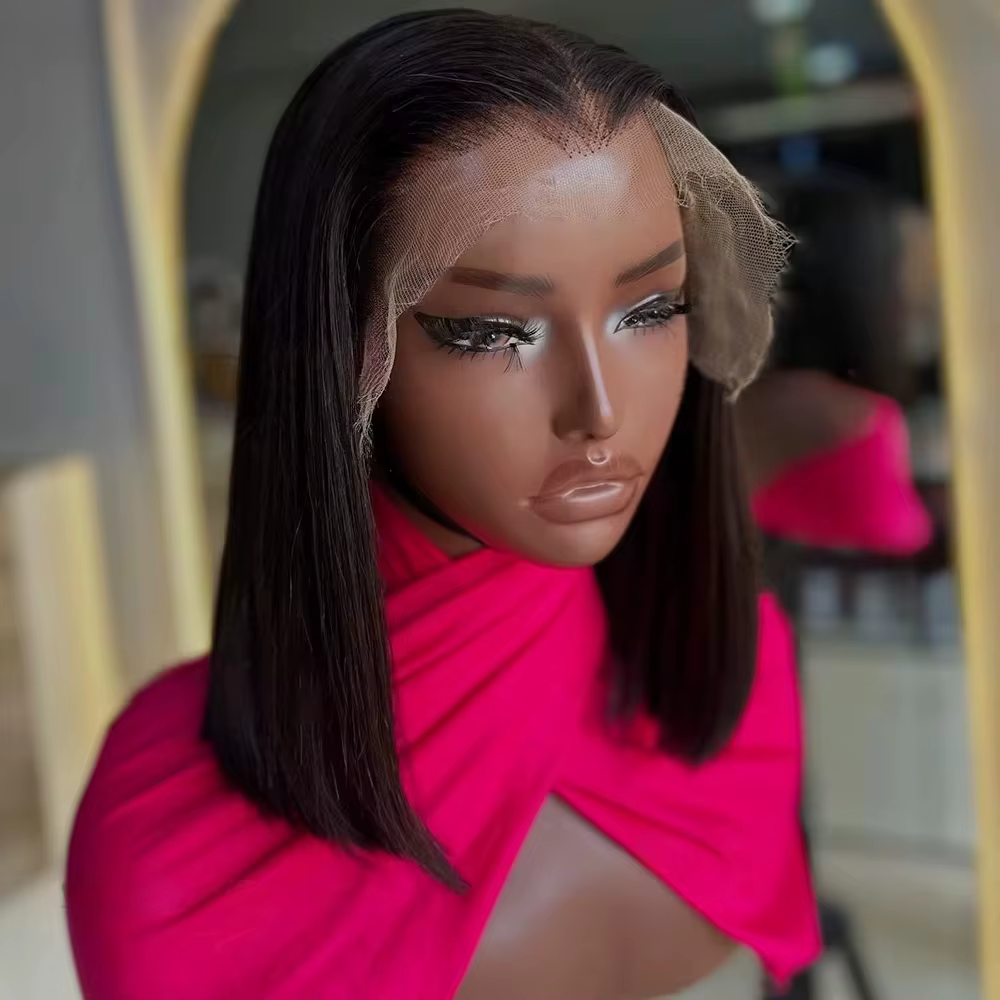 Perruque Bob Lace Front Wig 13x4, cheveux courts et lisses, 4x4, Transparent, densité 200%, 100% che