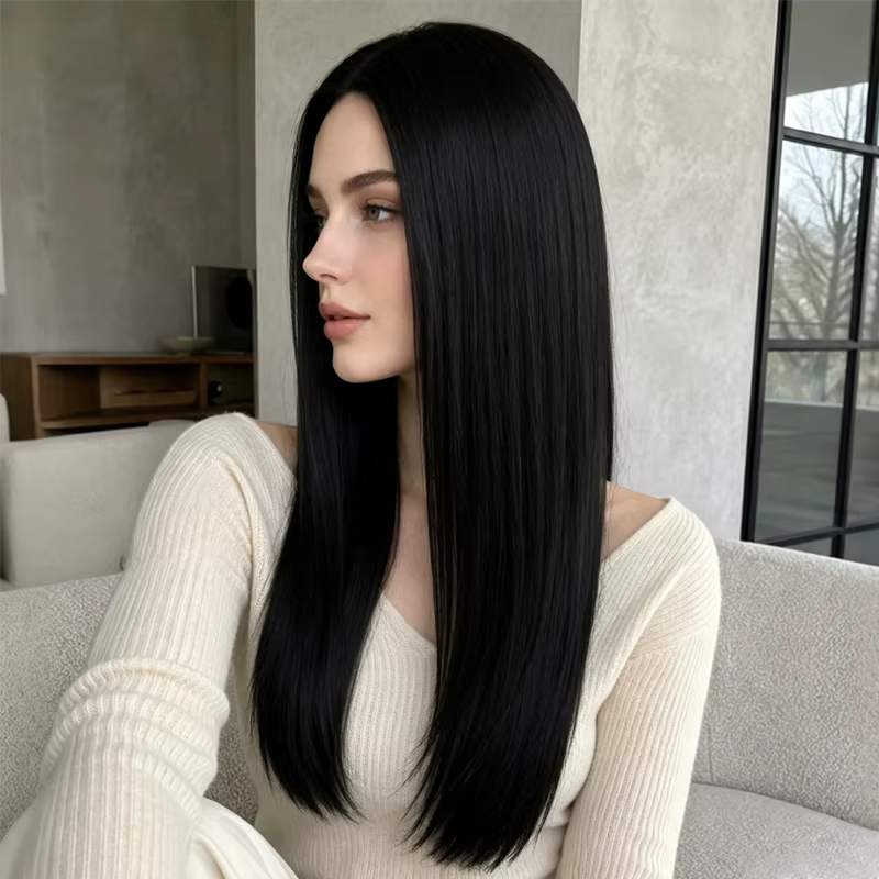 Perruque synthétique noire pure de 28 pouces avec une raie naturelle au milieu, idéale pour le coiff