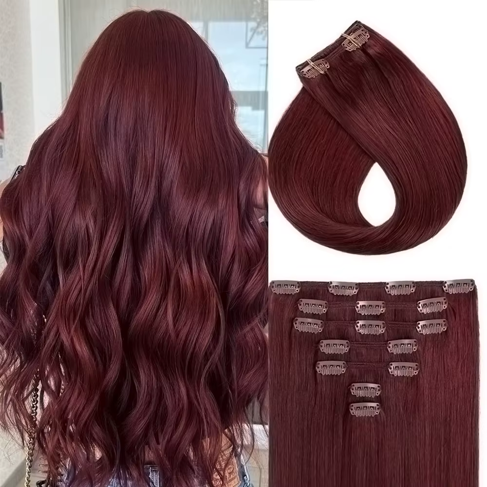 Extensions de cheveux humains bordeaux 99J, lisses, sans couture, pleine tête, cheveux épais et natu