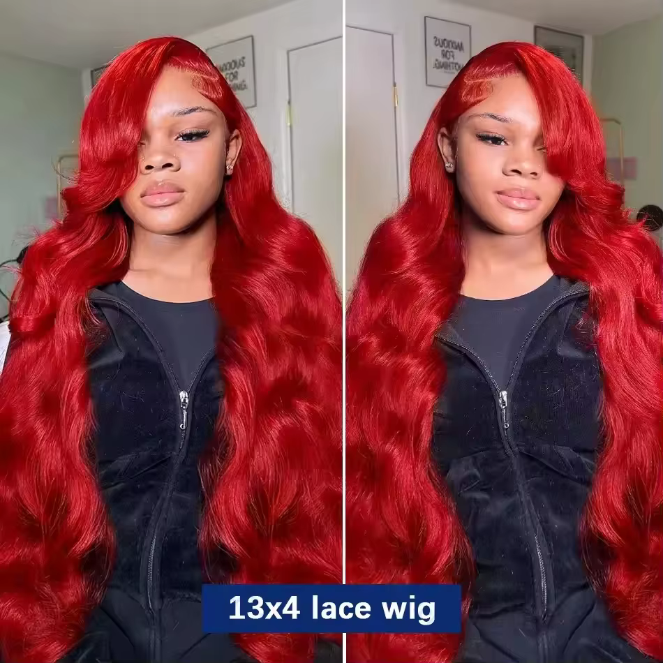 Perruque Lace Frontale 13x6 Rouge Vif Ondulée 30 40 Pouces, Perruques en Cheveux Humains Lace Front 