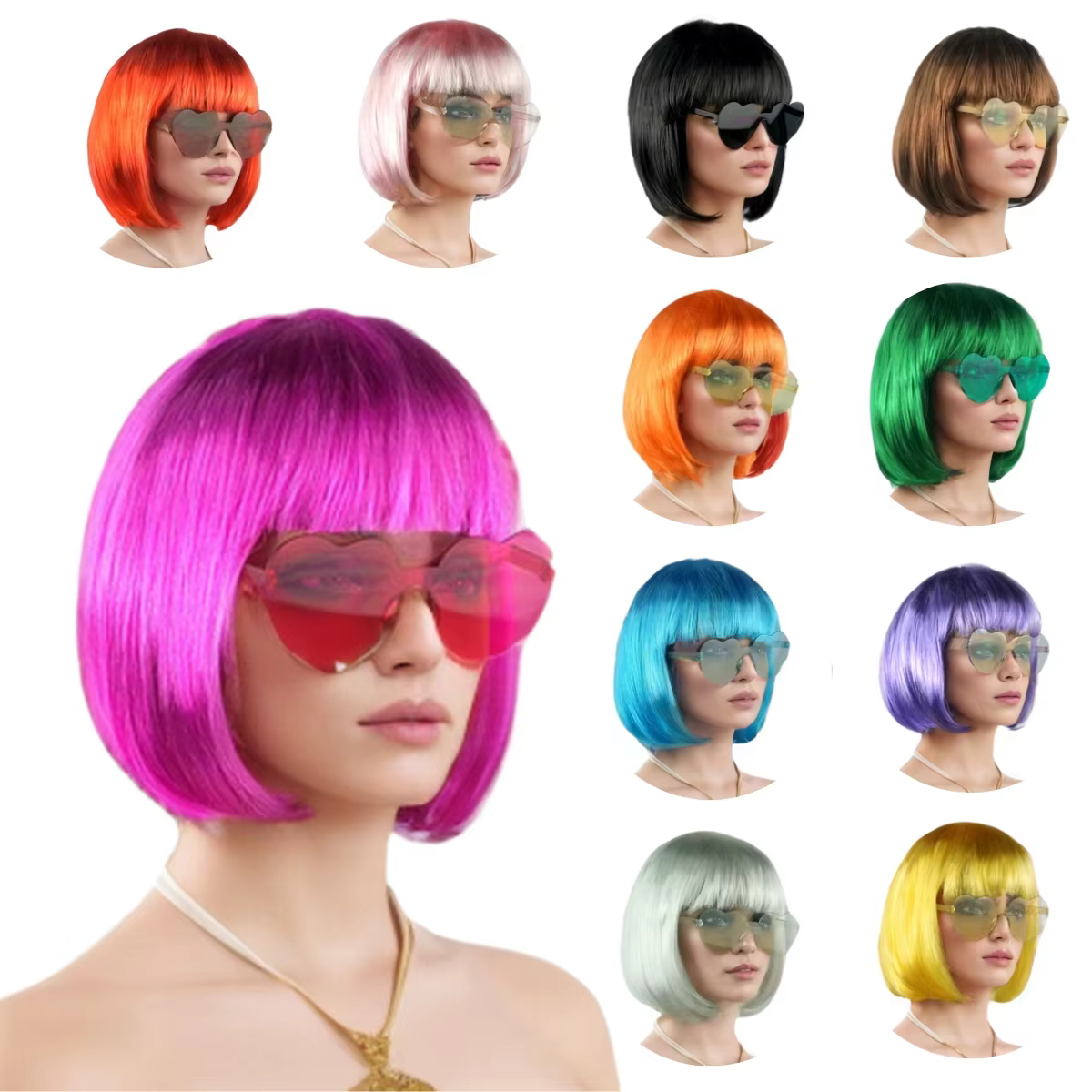 Perruque Bobo courte colorée en Fiber synthétique, néon, pour fête amusante, Halloween, poisson d'av