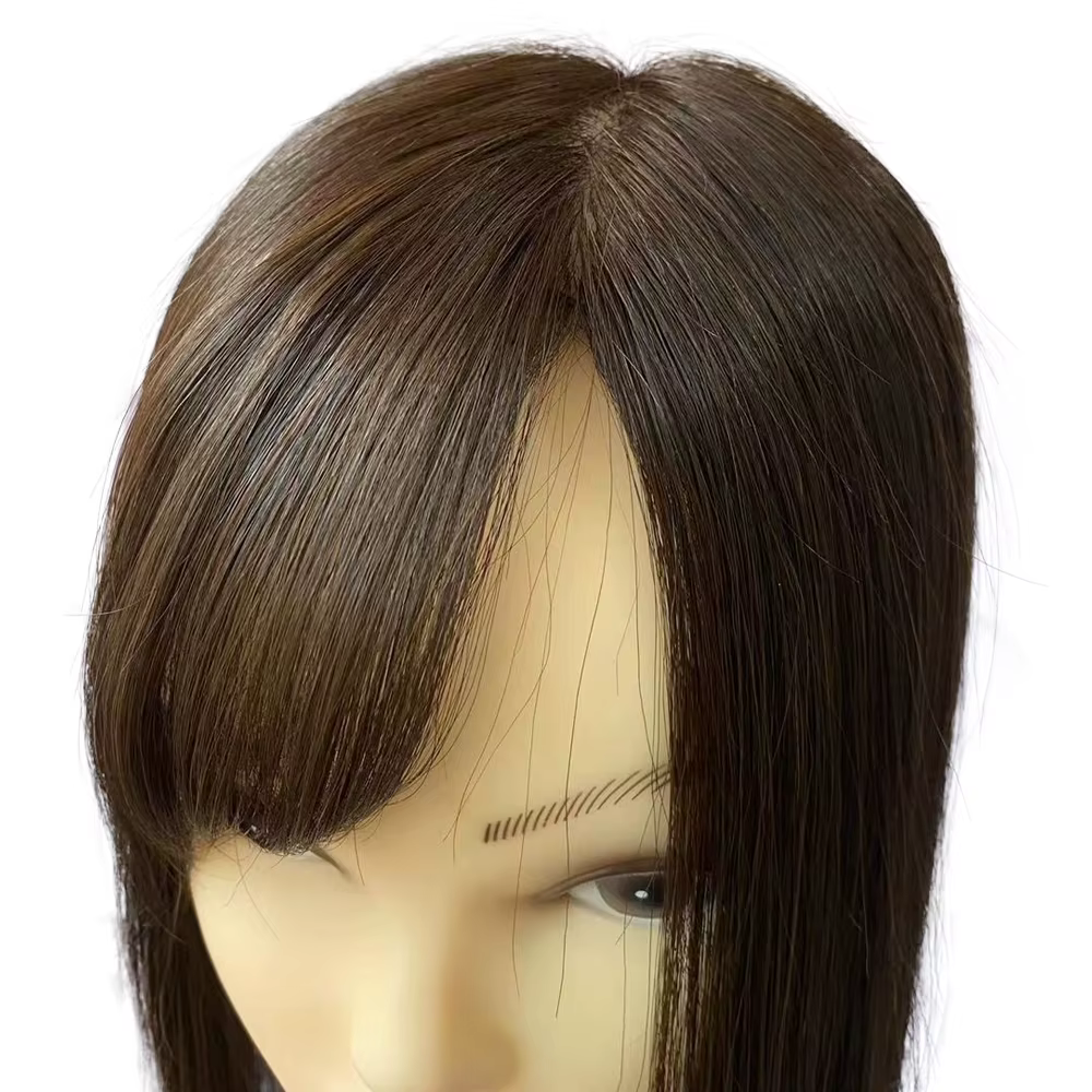 Cheveux humains vierges européens, frange d'air latérale pour femmes, peau de Silicone, Base en soie