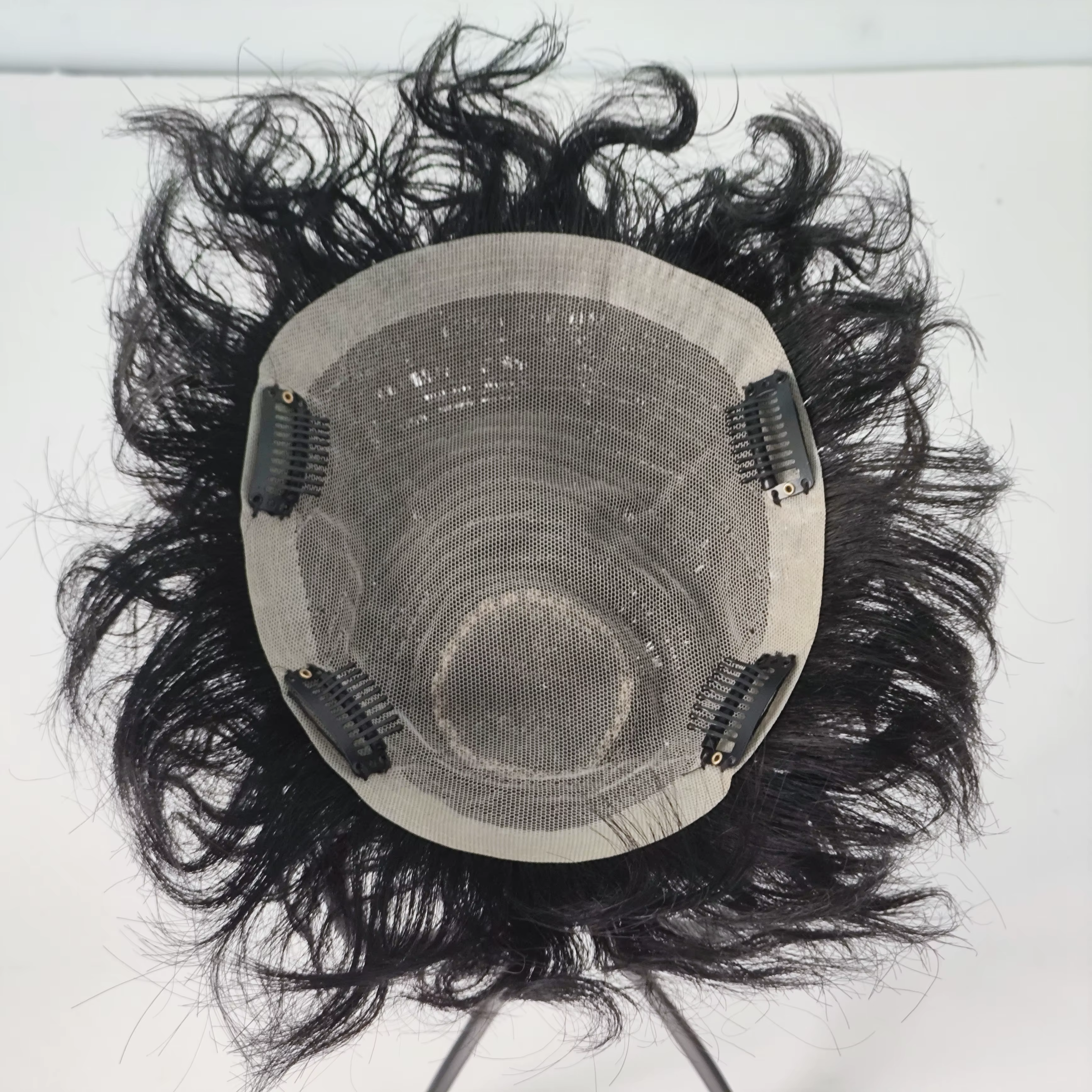 Perruque de cheveux courts bouclés pour hommes, vrais cheveux humains noirs, légers, respirants, à l