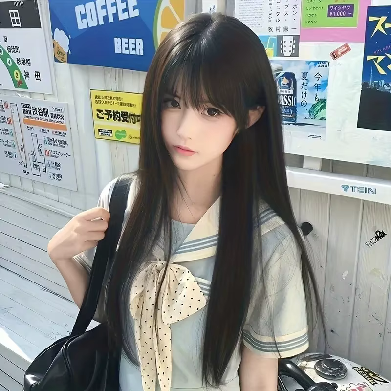 Perruque synthétique mode 26 pouces - cheveux longs et raides noirs - cheveux cosplay Halloween - pe
