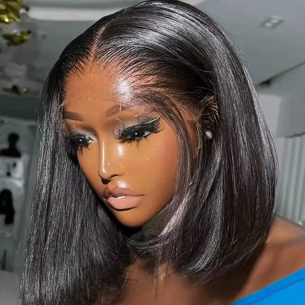 Perruque Bob Courte 220% Densité, 14 Pouces, Cheveux Humains Lisses Baguette, Perruques Lace Front H