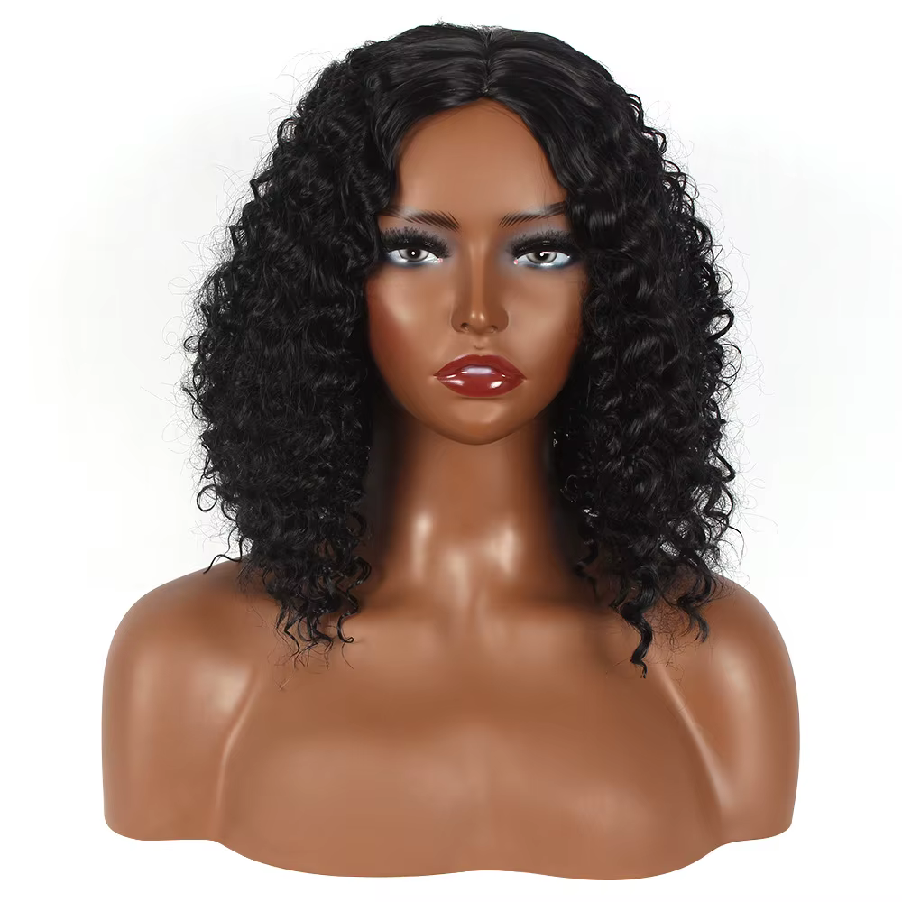 Perruque synthétique courte bouclée noire à ondulations profondes, effet naturel, pour fête costumée