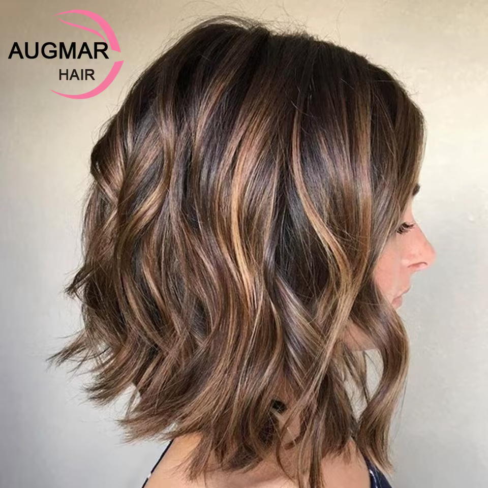Perruque Brésilienne Naturelle Cheveux Courts Ondulés à Reflets Blonds, Brun Ombré 13x4, 13x6 HD