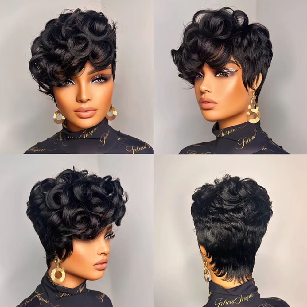 Perruque de cheveux humains coupe lutin 6 "en couches courtes bouclées lâches avec frange Remy cheve