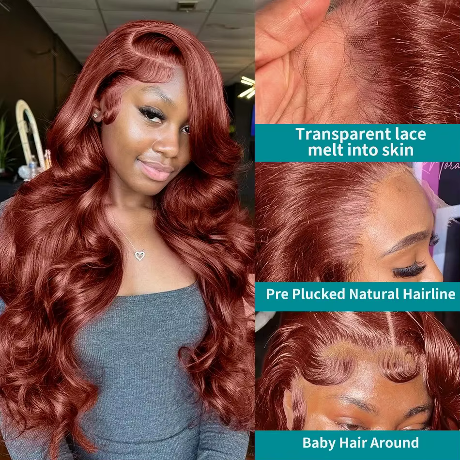 Perruque Lace Front Wig Body Wave naturelle, cheveux roux, brun foncé, 13x6 HD, 13x4, pre-plucked, e