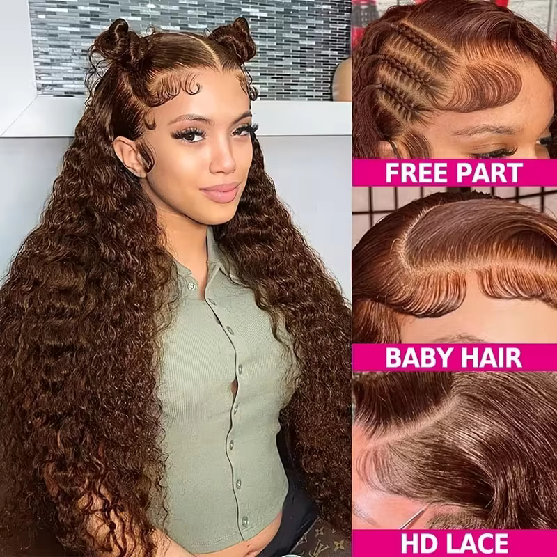 Perruque en cheveux humains Deep Wave Invisi Strap 360 HD Lace Front, brésilienne, Water Wave, marro