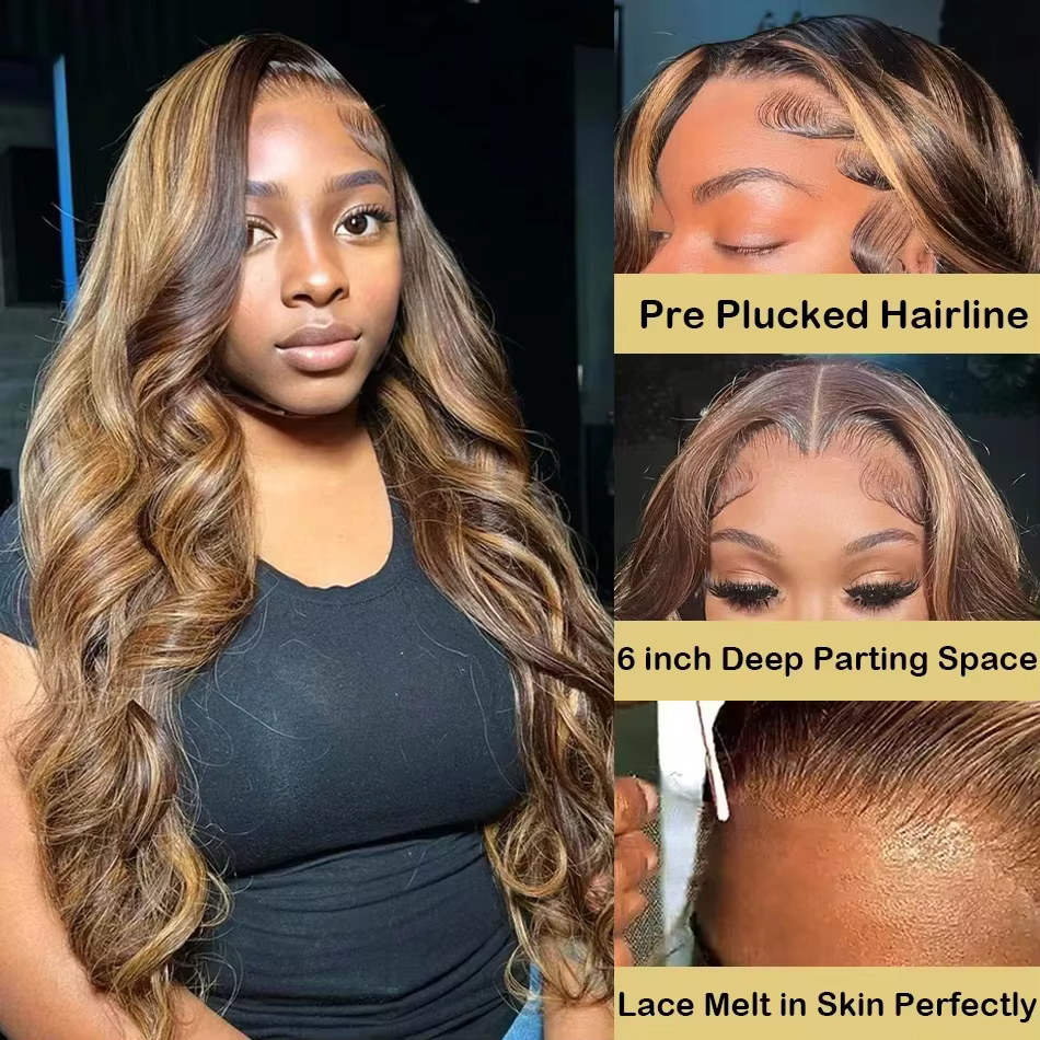 Perruques Body Wave P4/27 à 220 % de densité, avec mèches colorées, en dentelle transparente HD 13x4