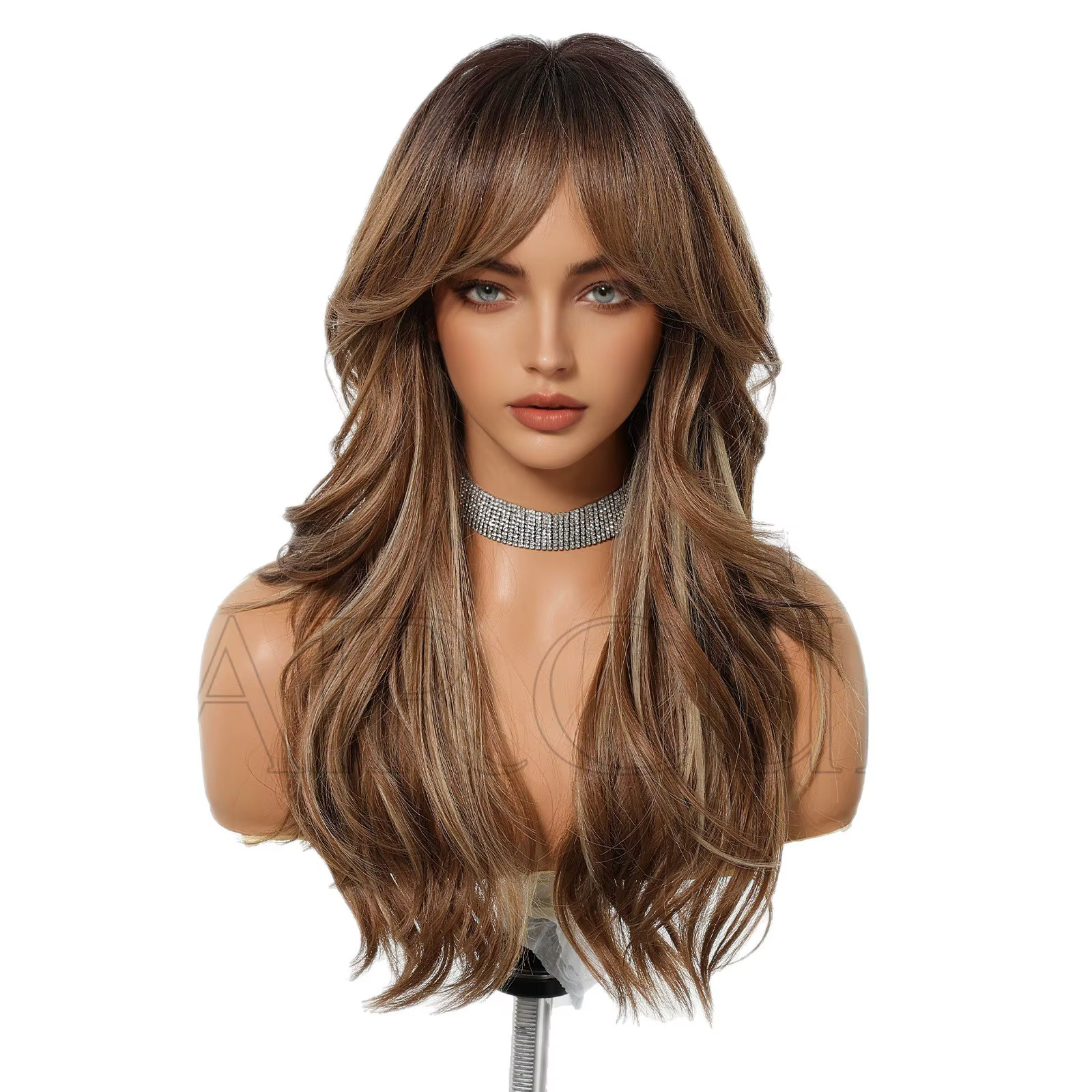 Perruques ondulées brunes pour femmes avec frange, perruque longue en cheveux synthétiques naturels,