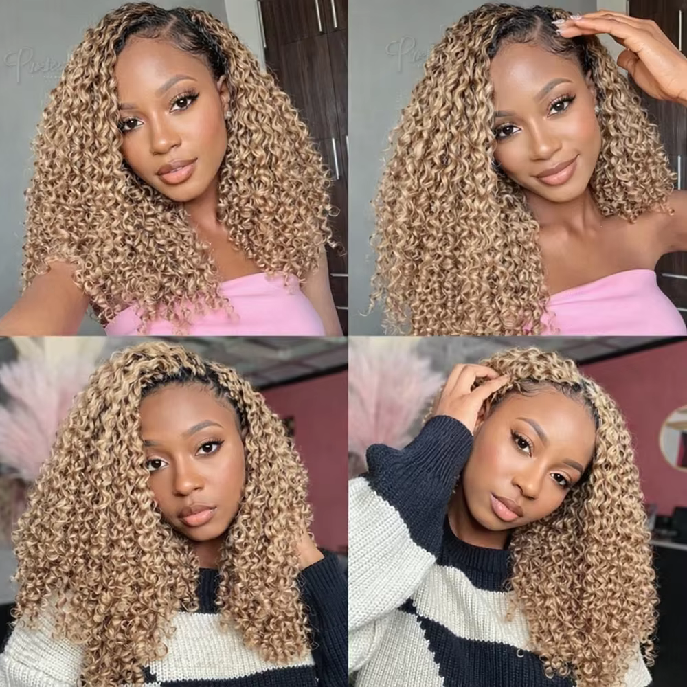 # Extensions de cheveux au crochet Deep Wave Feather, couleur blond miel, cheveux humains bouclés sa