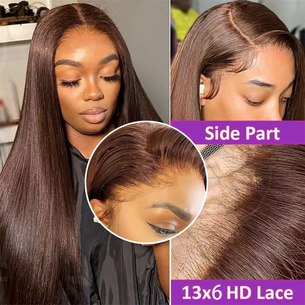 13x4 4 # Perruques Lace Front Marron Chocolat en Cheveux Humains pour Femmes, Perruque Frontale HD