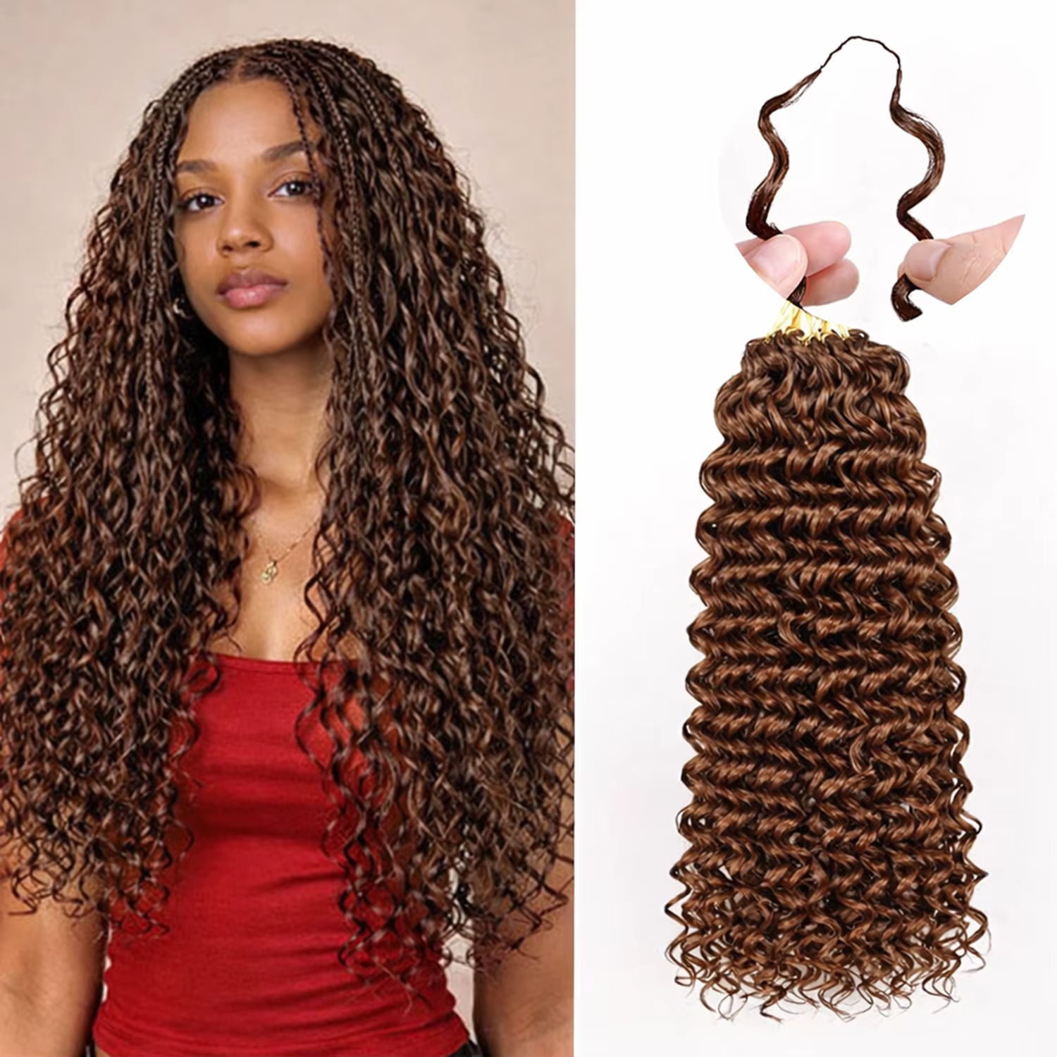 Extensions de cheveux humains bouclés bruns à ondulations profondes, pré-séparées, pour tresses bohè