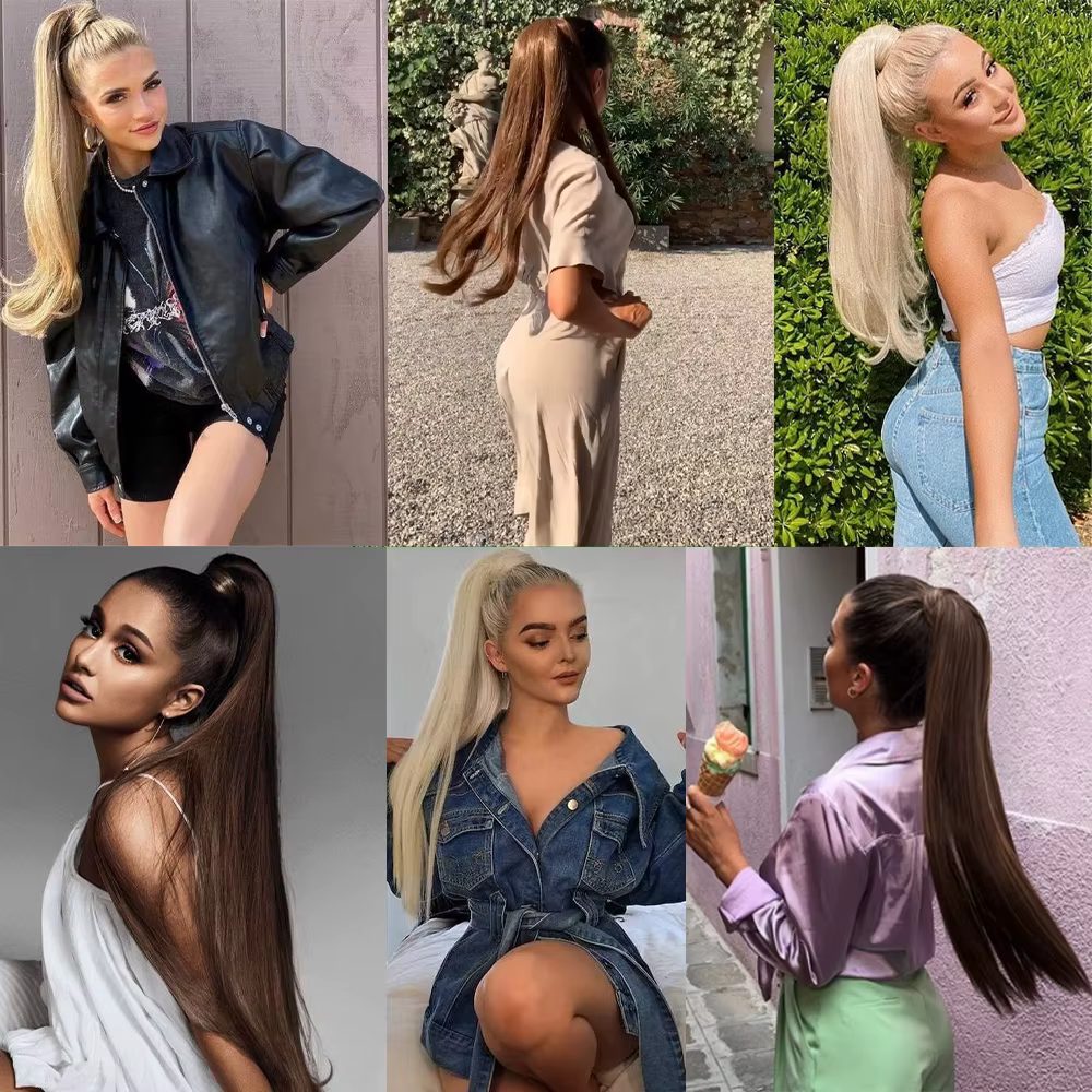 34 pouces queue de cheval synthétique Extension de cheveux pince en fausse perruque postiche Blonde