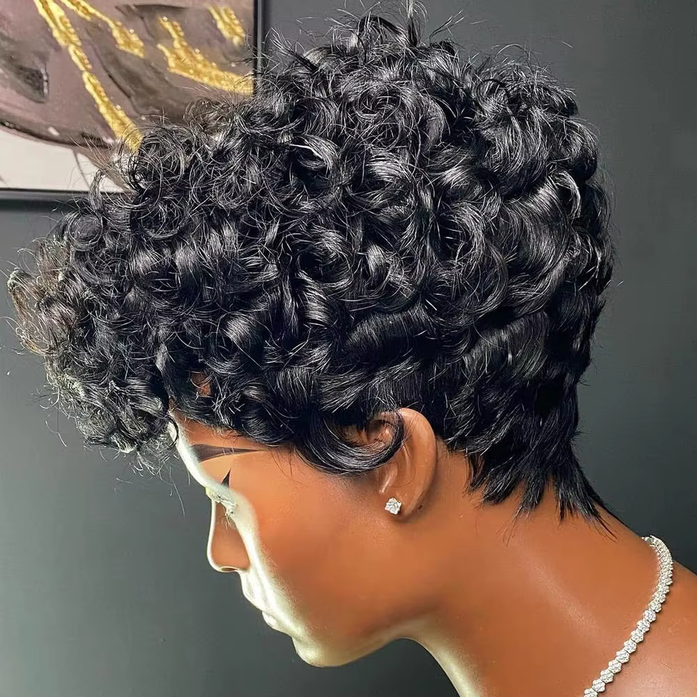 Hort Pixie perruques pour les femmes noires courtes noires bouclés Pixie perruques cheveux synthétiq