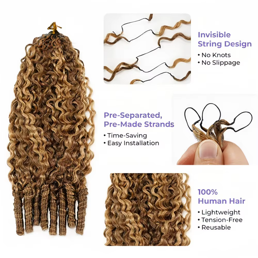 Cheveux humains bouclés birmans pré-bouclés blonds avec mèches, nœuds miracle, pour tresses au croch