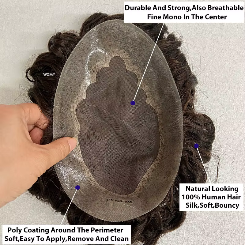 Perruque toupet bouclée pour hommes, Mono fin avec Base de peau, prothèse capillaire indienne nature