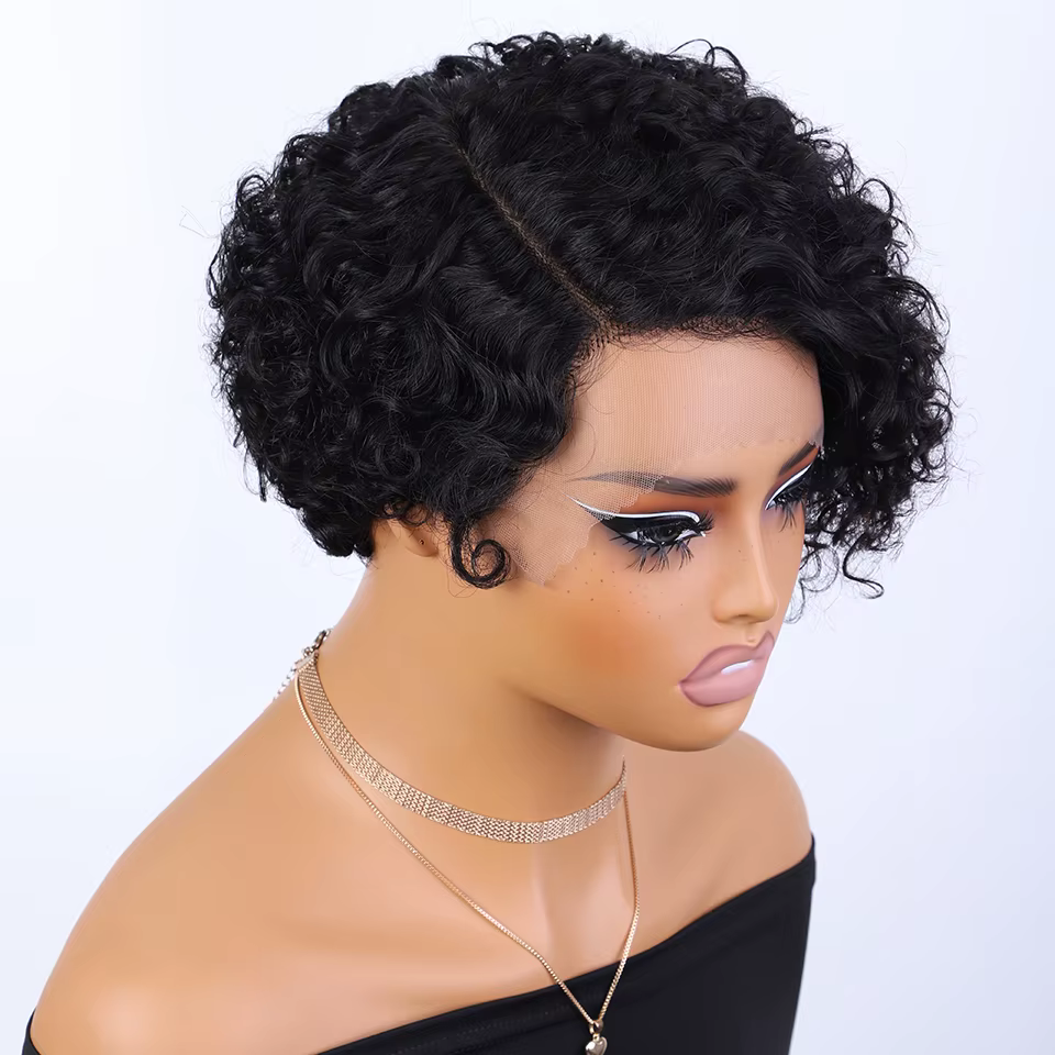 Perruques Lekker colorées 100 % cheveux humains, coupe pixie longue, bouclée, style bob, avec raie l