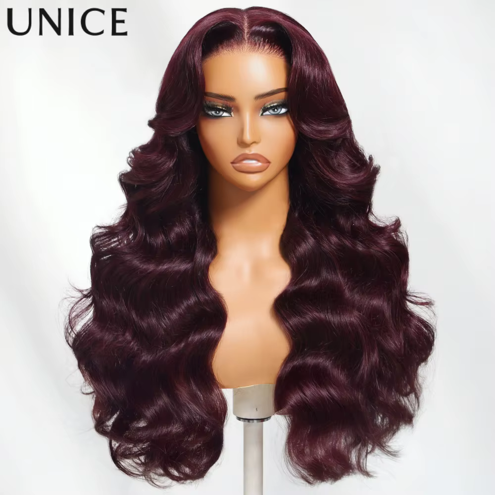 UNICE cheveux noir cerise couches coupe vague lâche perruque 7x5 13x4 pré coupé pré blanchi sans col