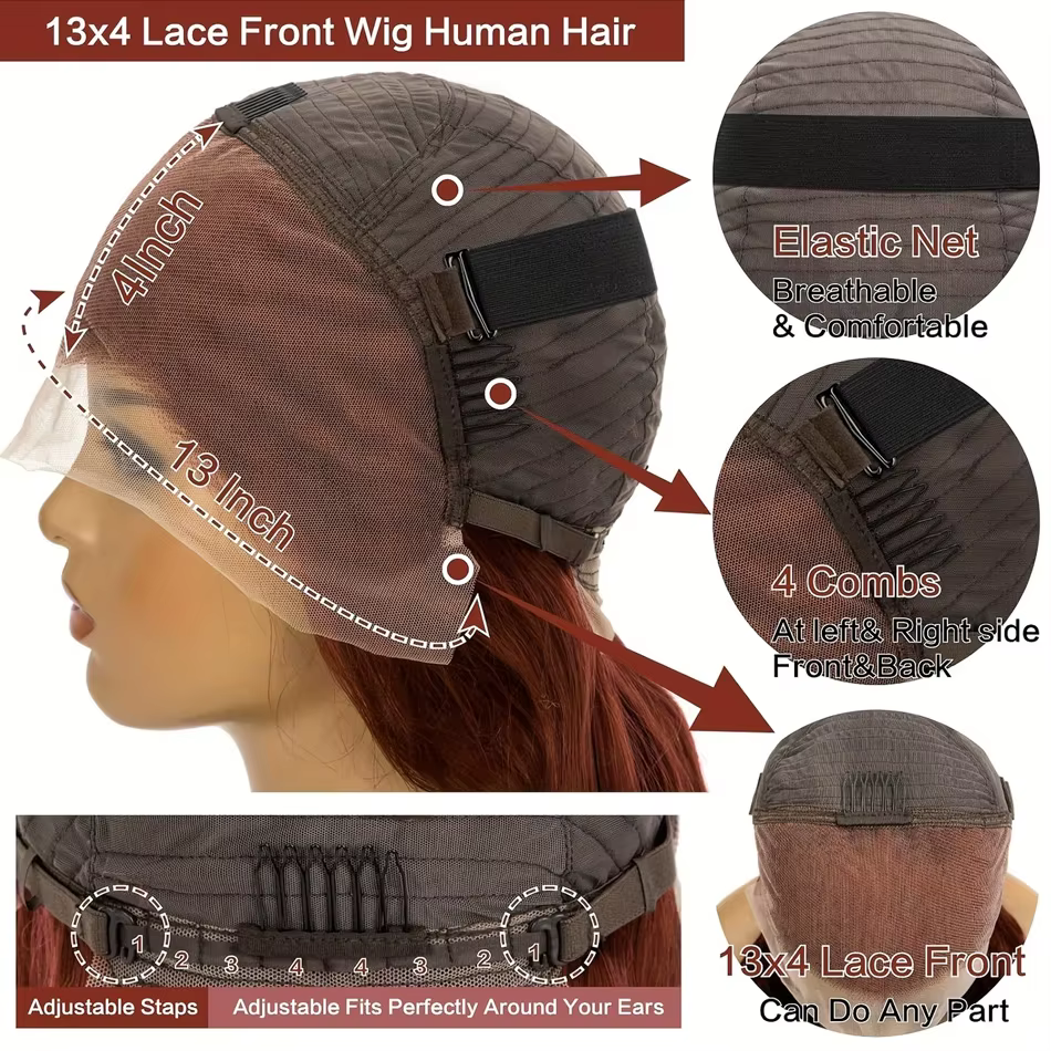 Perruque Lace Frontale 13x6 en Cheveux Humains, Densité 250, Ondulée, Brun Roux, Pré-épilée, Couleur