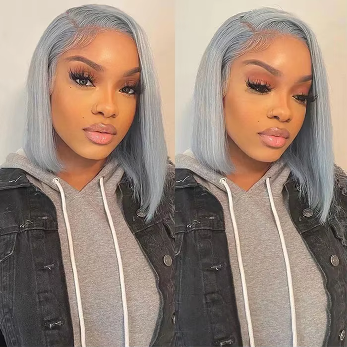 Perruque Bob Lace Front Wig naturelle lisse, couleur grise argentée, 13x4 HD, cheveux humains, 10 12
