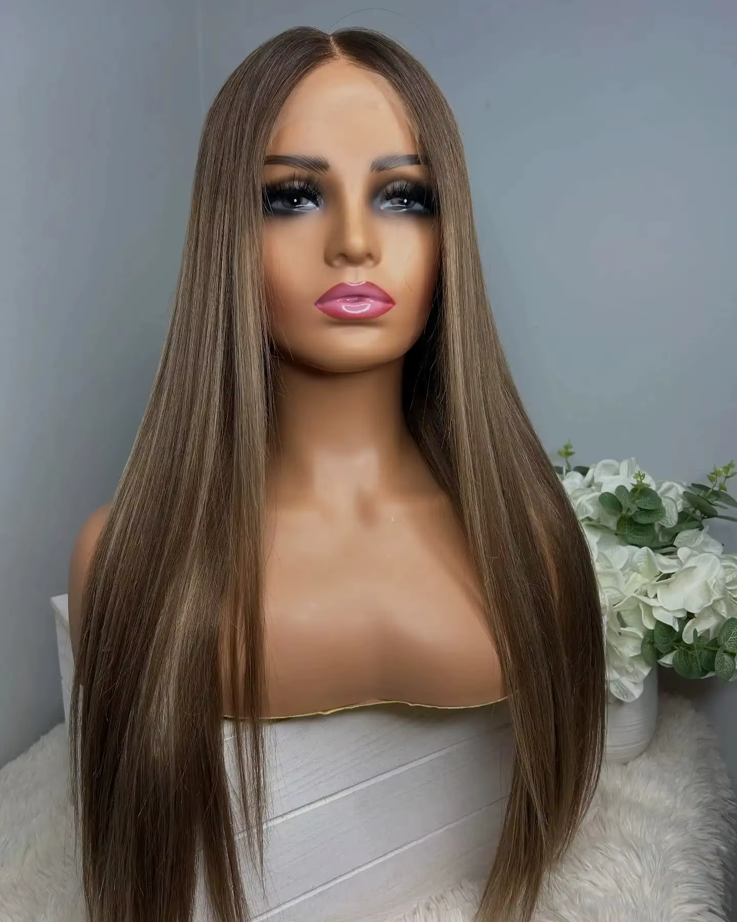 Perruque à dentelle frontale avec mèches blondes brunes pour coiffure de mariage, longue et droite, 